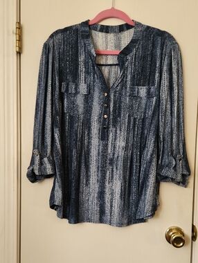 Casual Blue Striped Henley Blouse with Roll-Tab Sleeves